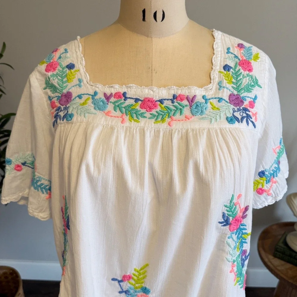 Lilly Pulitzer Tamryn Top White Floral Embroidered Square Neck Peasant Blouse M - Picture 2 of 11
